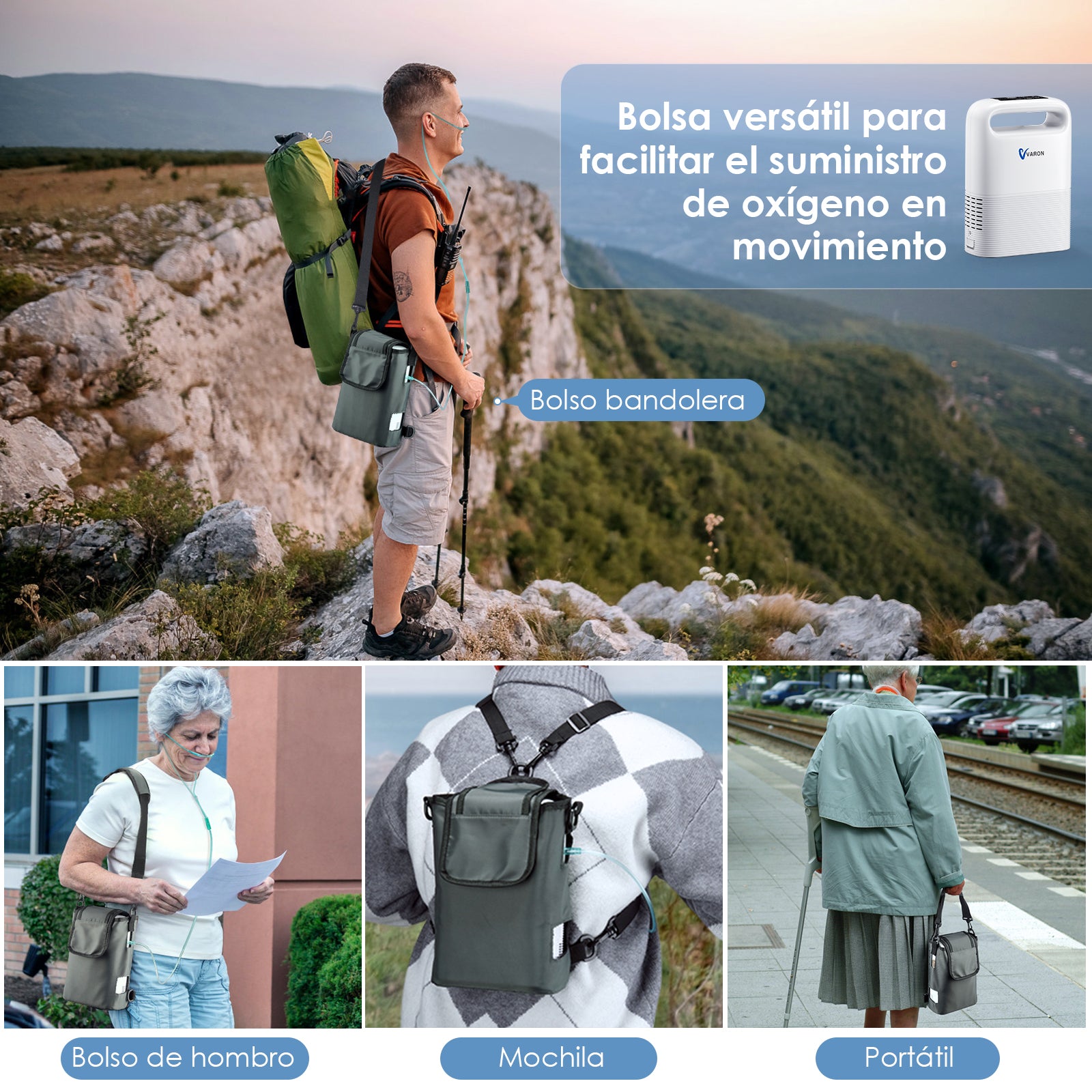 El usuario lleva el concentrador de oxígeno VP-2 mientras viaja para un apoyo respiratorio confiable