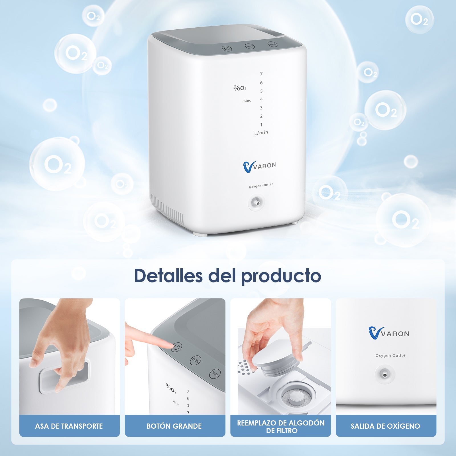El concentrador de oxígeno continuo doméstico VARON VH-3 tiene función de atomización y función de humidificación automática de oxígeno.