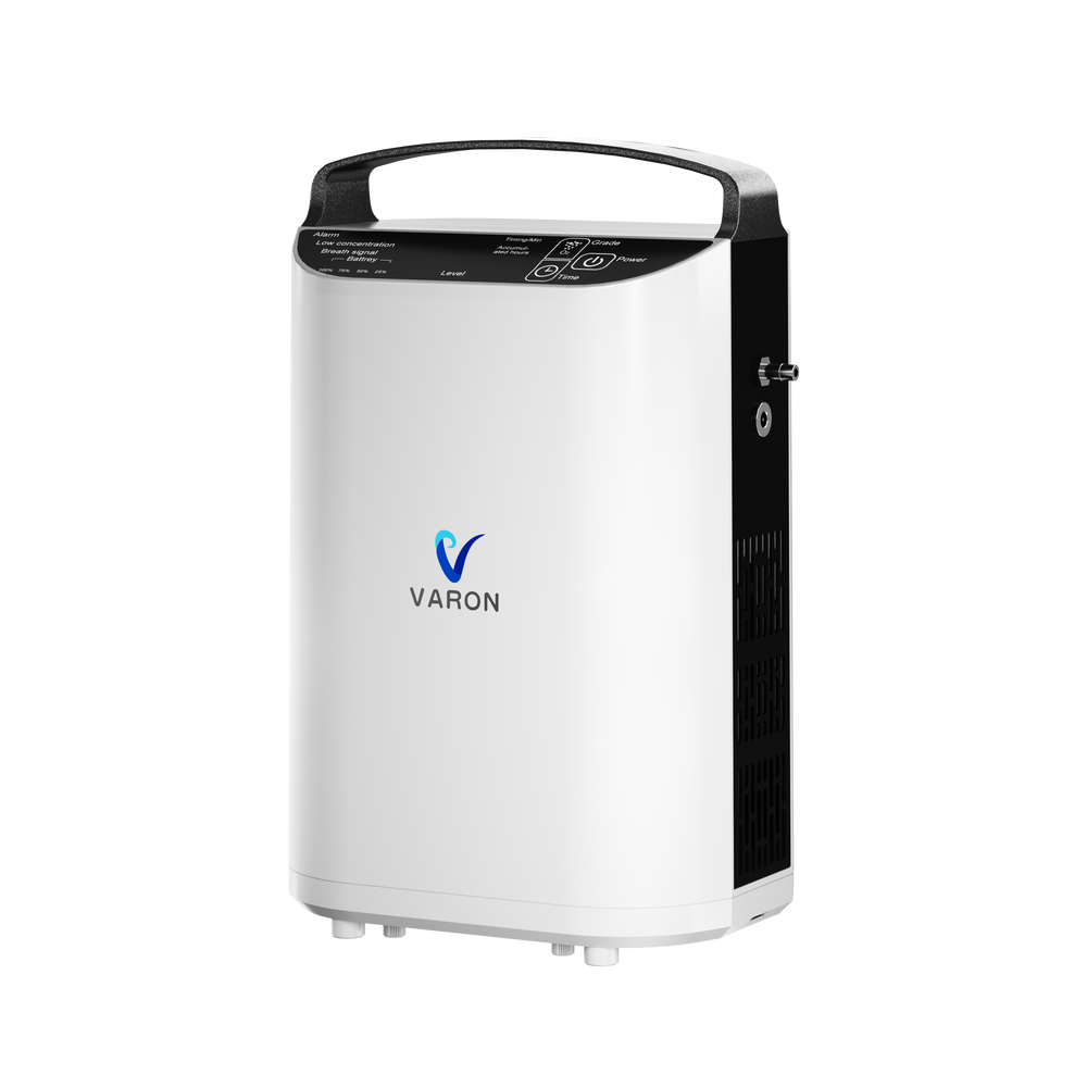 Concentrador de oxígeno de pulso portátil VARON VP-1, ligero y fácil de transportar.