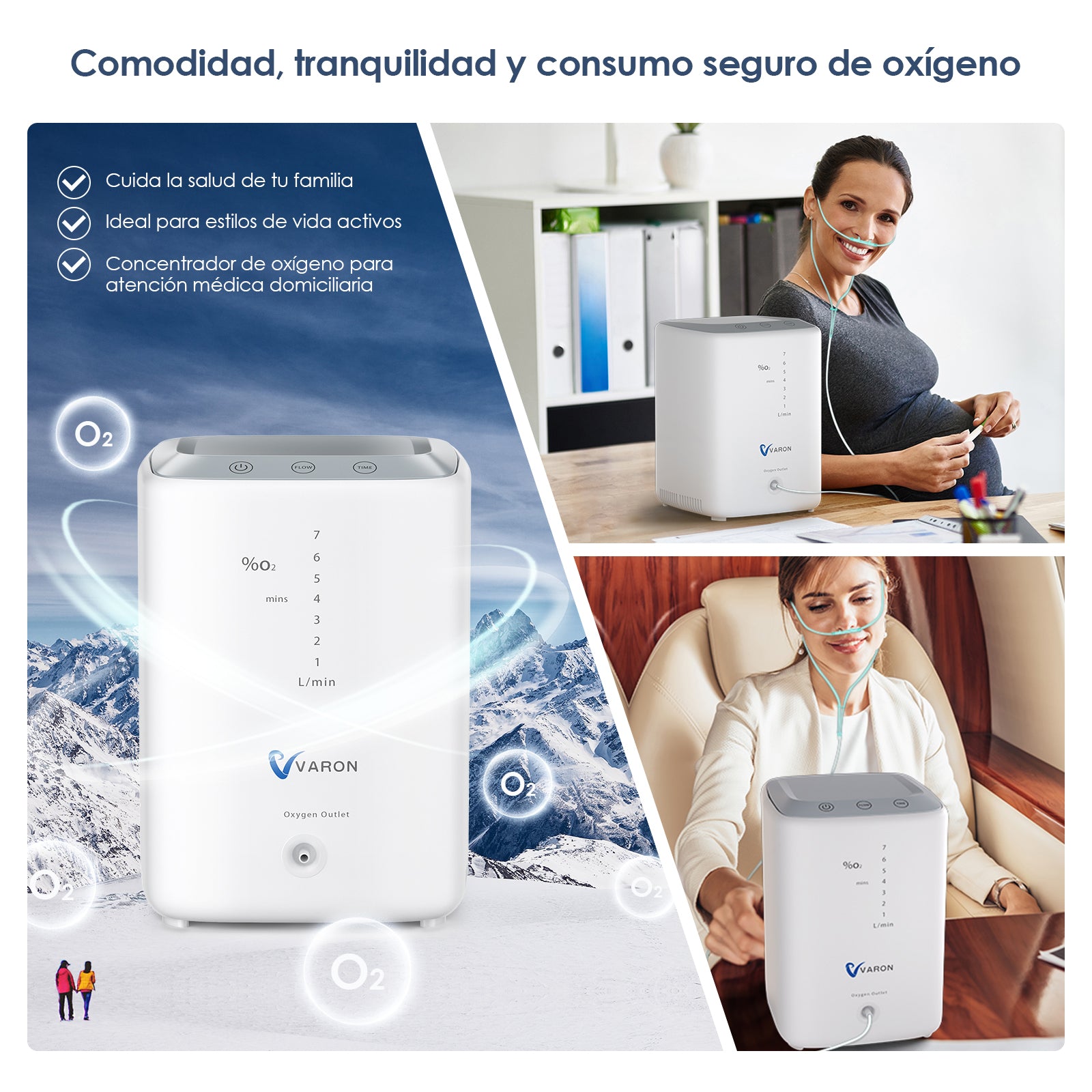 Mujer embarazada recibe oxigenoterapia durante su rutina diaria con el concentrador de oxígeno doméstico VARON
