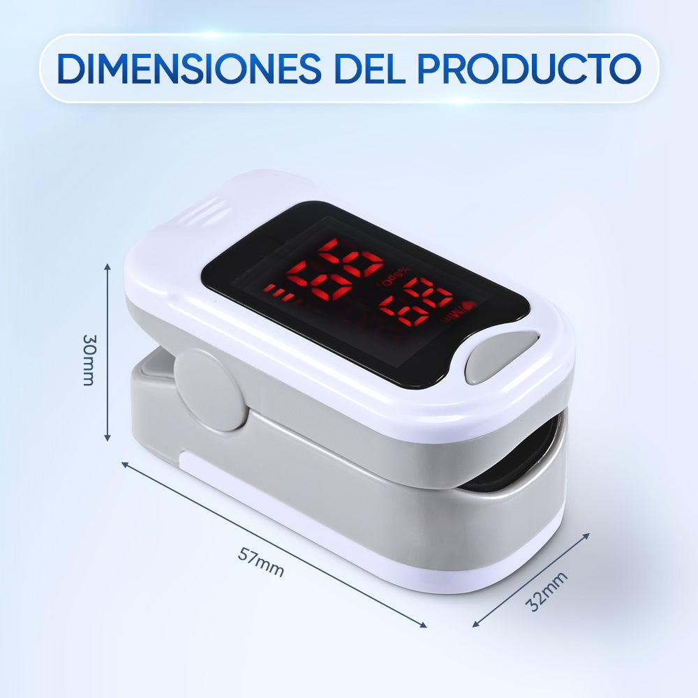 Dimensiones del oxímetro de pulso Varon (largo, ancho y alto): 57 mm x 32 mm x 30 mm