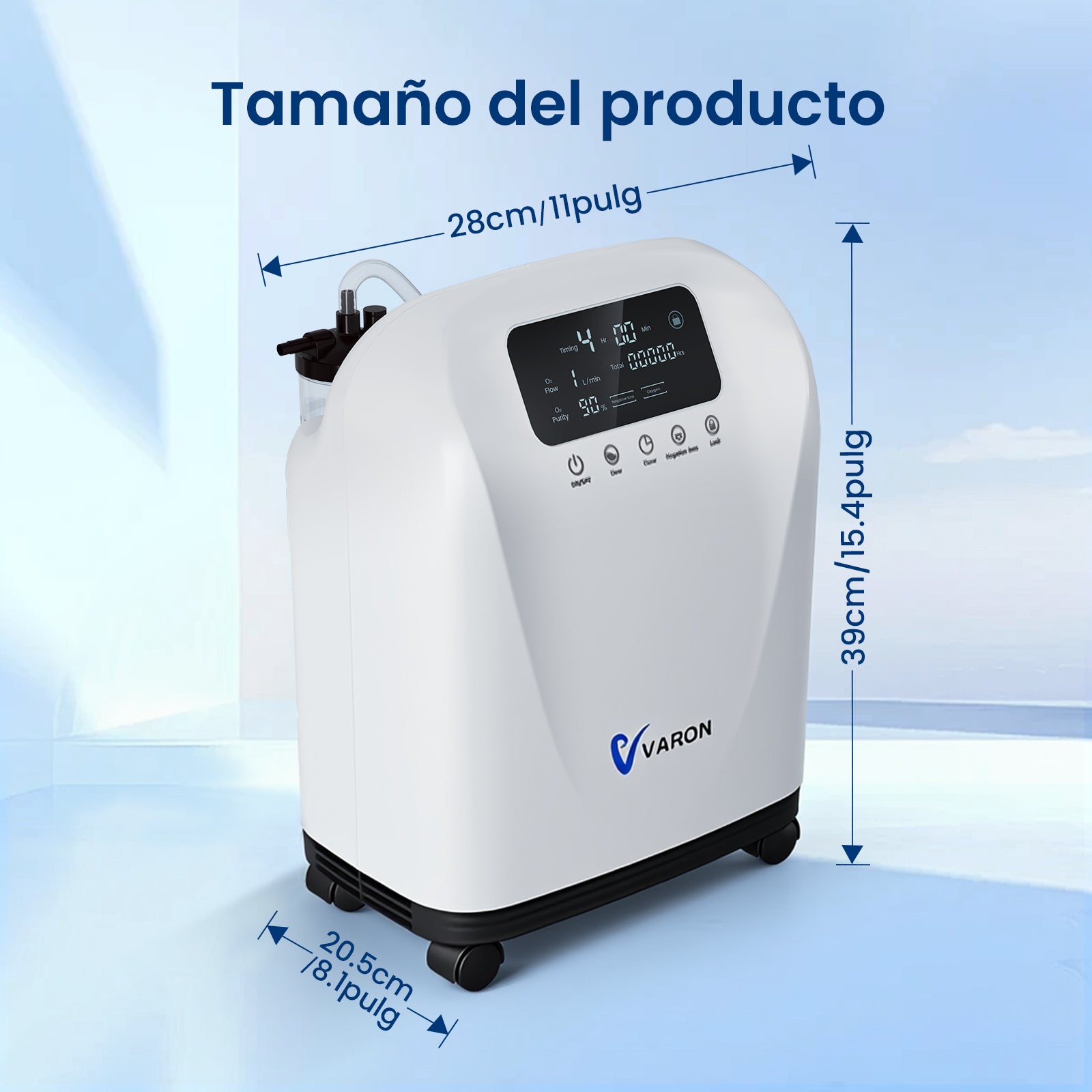 Dimensiones y medidas del concentrador de oxígeno doméstico VARON VH-4 compacto y versátil