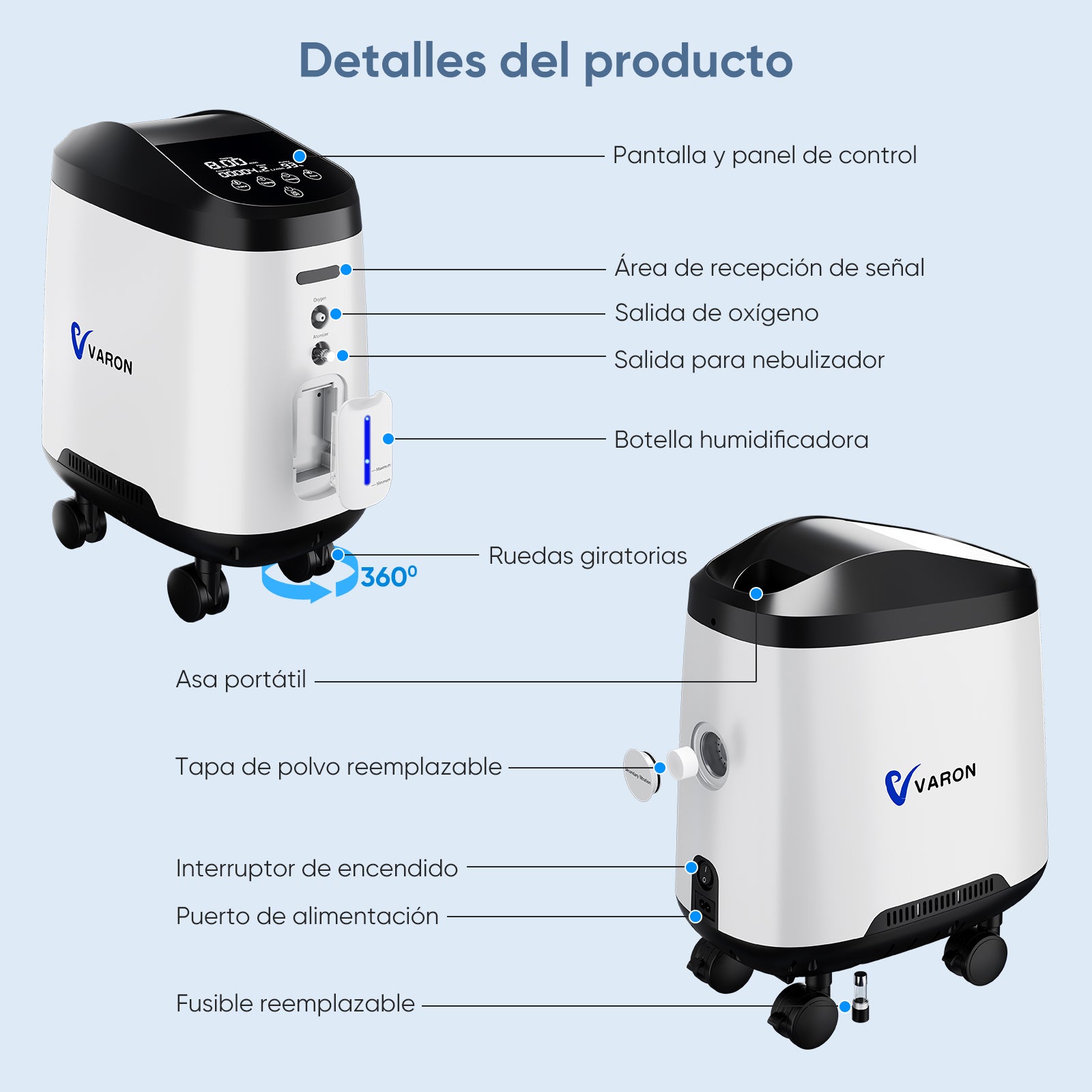 Concentrador de oxígeno doméstico VARON VH-2 PRO |  1-9 niveles (ajustable), funcionamiento 24 h, homologación CE