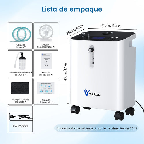 Concentrador de oxígeno doméstico VH-3 Pro con lista de empaque y accesorios incluidos en el kit.