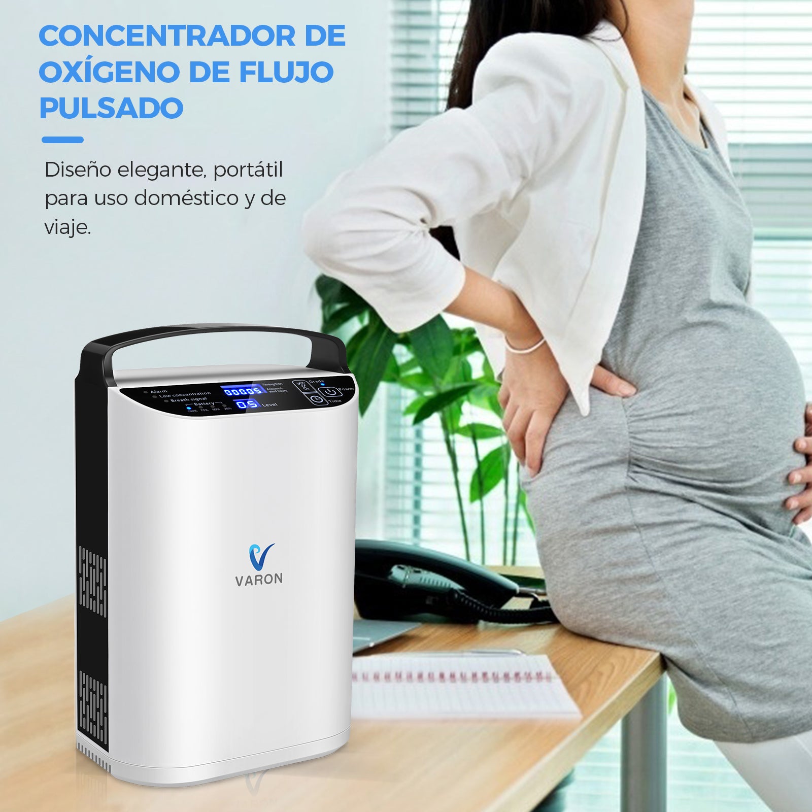 Mujer embarazada recibe oxigenoterapia durante su rutina diaria con concentrador de oxígeno VARON