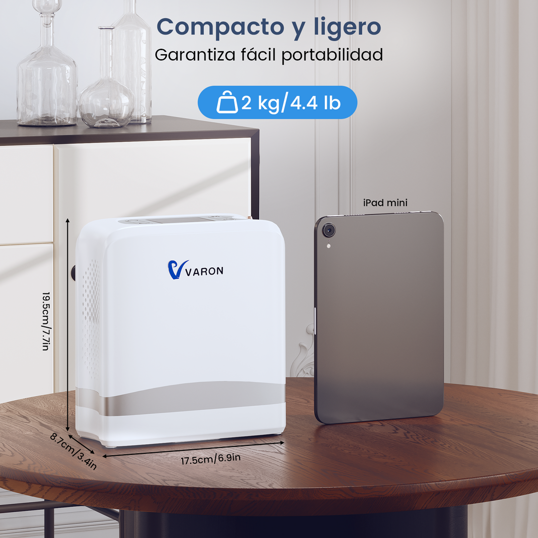 VARON VP-8 Lite | Concentrador de oxígeno de flujo pulsado ligero de 2 kg (7 niveles de flujo)