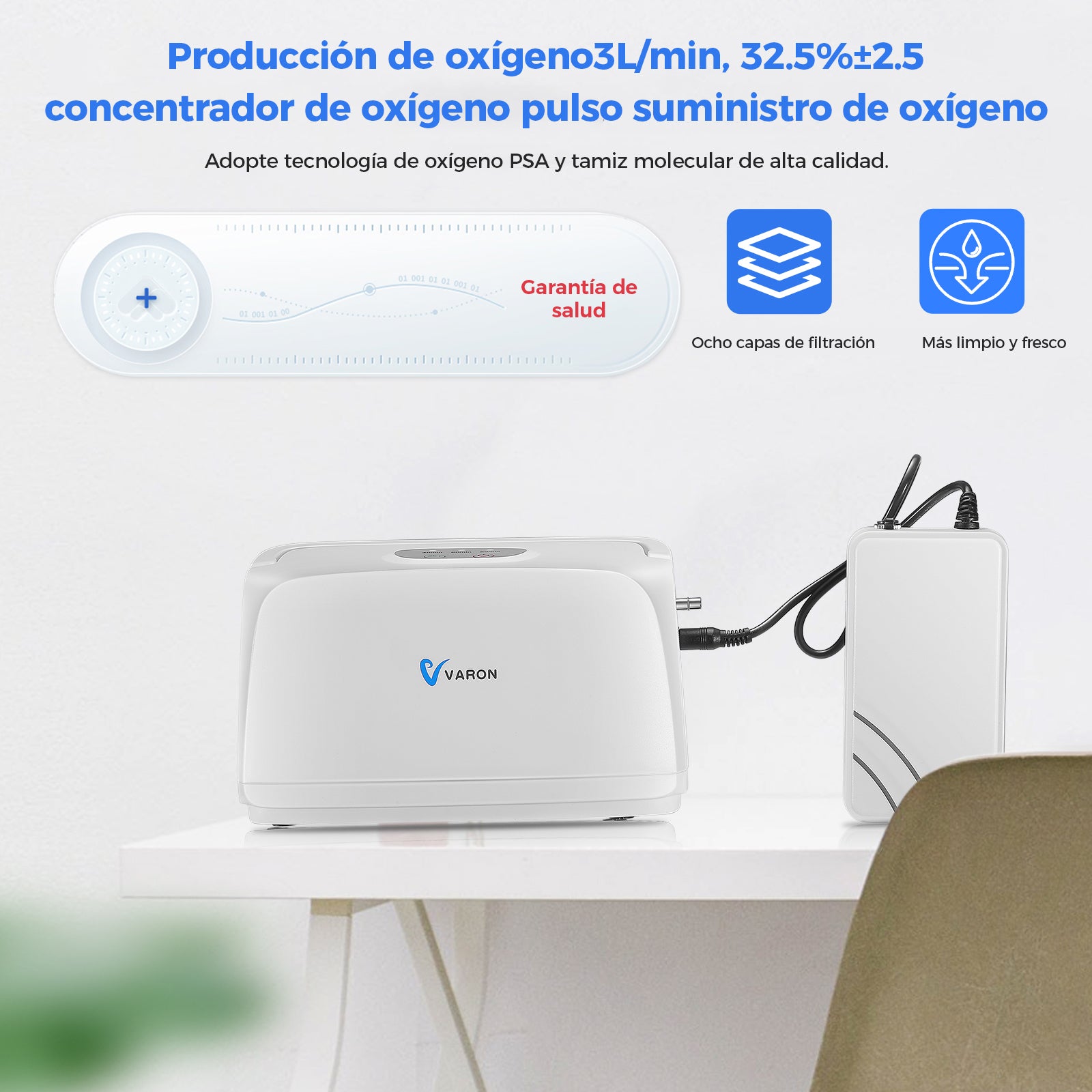 Concentrador de oxígeno pulsante VARON 600 ml/min VL-1, concentración de oxígeno hasta 32,5 ± 2,5 %
