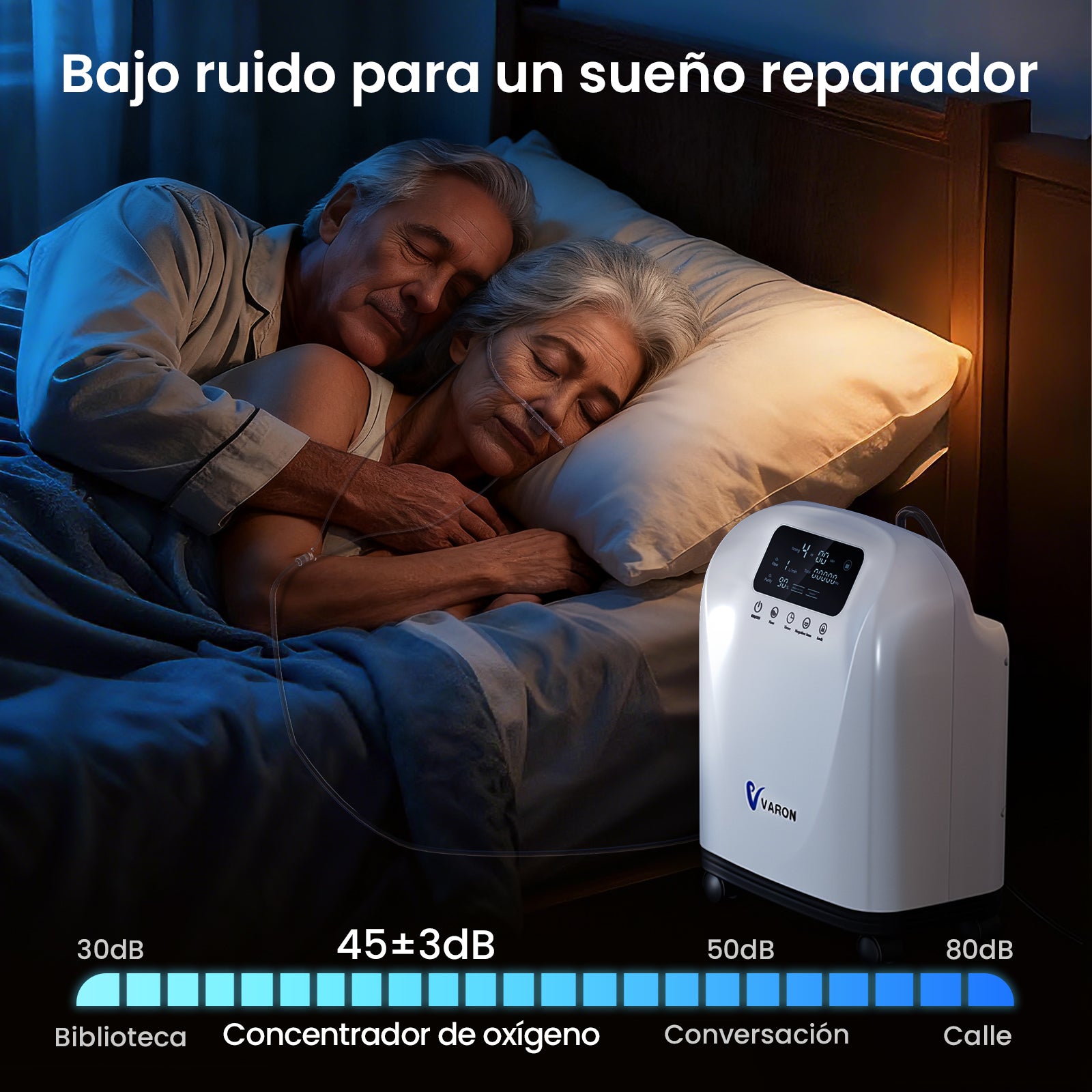 Concentrador de oxígeno doméstico VARON VH-4 silencioso de 45 dB para un sueño reparador.