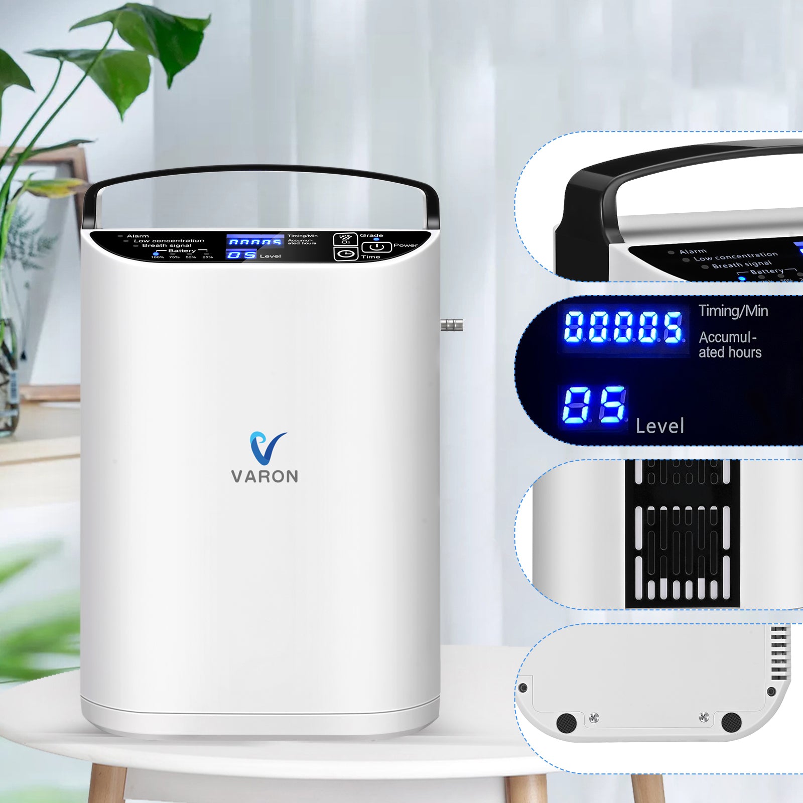 Concentrador de oxígeno de pulso portátil VARON VP-1, ligero y fácil de transportar.