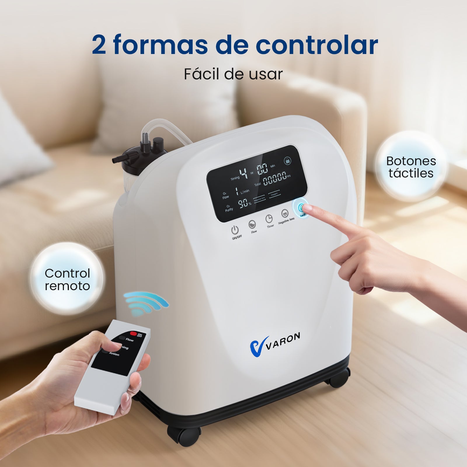 Concentrador de oxígeno doméstico VARON VH-4 con control remoto y panel de botones táctiles.