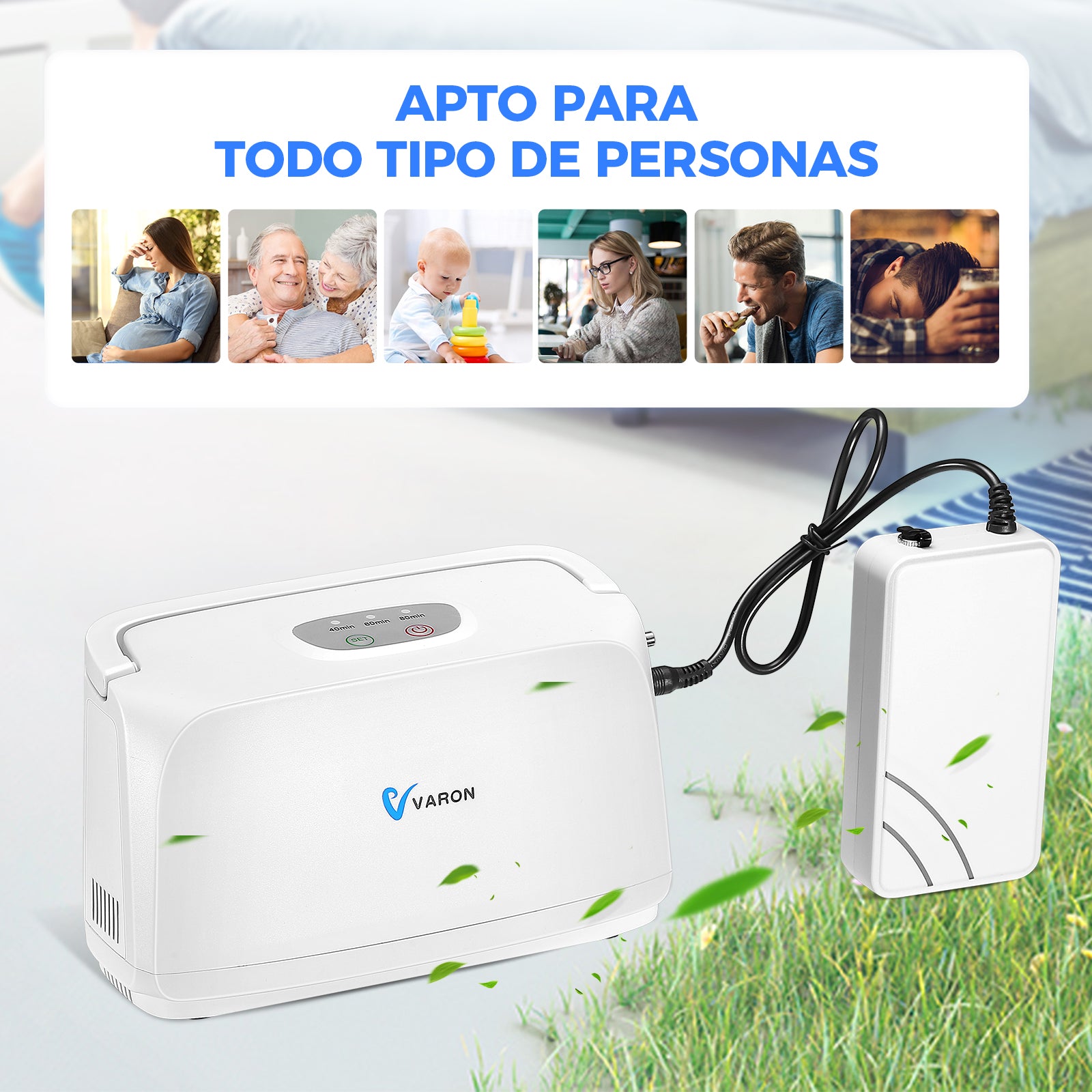 El concentrador de oxígeno pulsante VARON VL-1 es adecuado para personas mayores, niños, mujeres embarazadas y profesionales que trabajan.