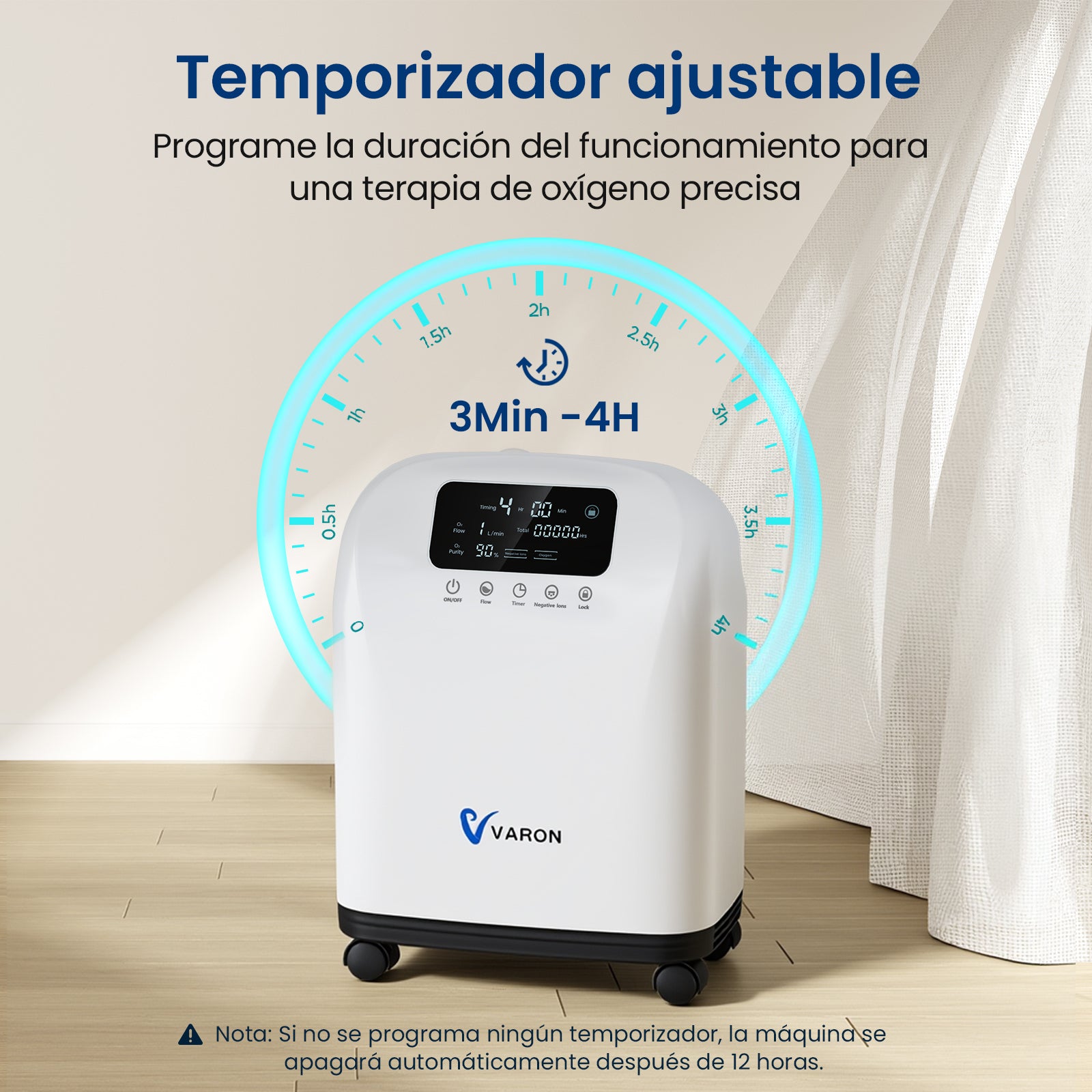 Concentrador de oxígeno doméstico VARON VH-4 con temporizador inteligente para terapia precisa