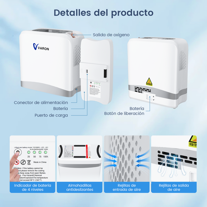 VARON VP-8 Lite | Concentrador de oxígeno de flujo pulsado ligero de 2 kg (7 niveles de flujo)