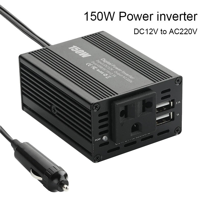 Inversor de coche de 150 W, doble USB, 3,1 A, convertidor de 12 V a 110 V/220 V