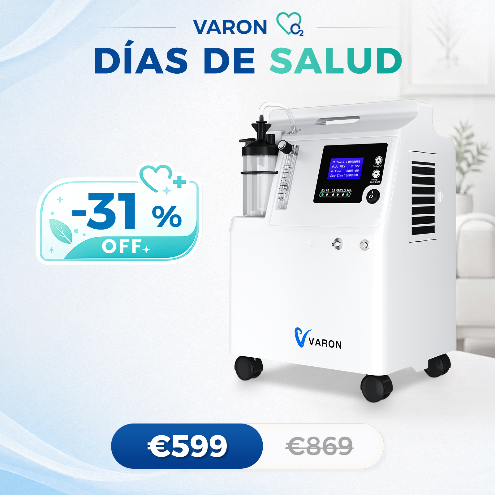 Concentrador de oxigeno VARON Serene de 5 l | Funcionamiento 72 h. Aprobado por la FDA y la CE