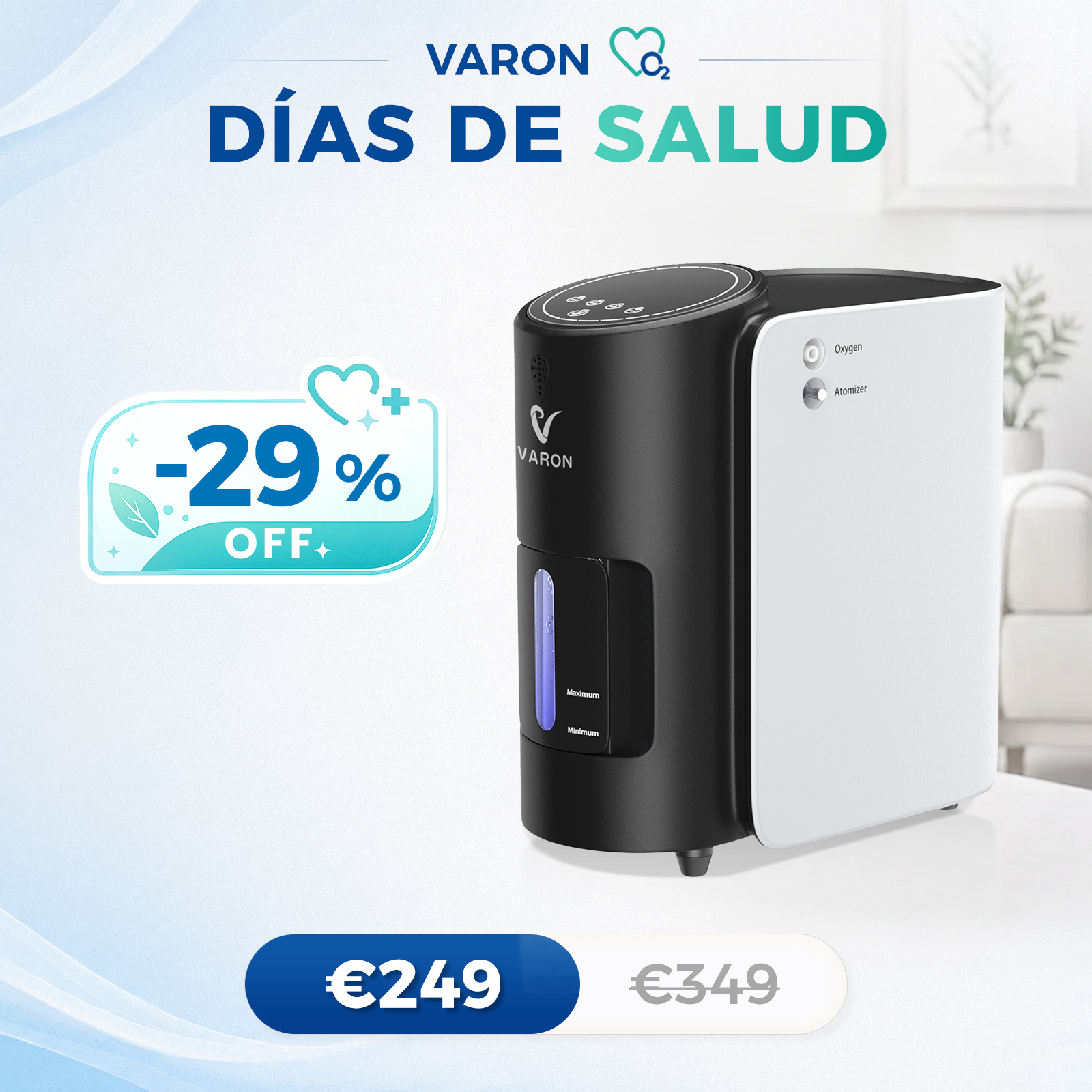Concentrador de oxigeno doméstico VARON VH-1 |  1-7 niveles (ajustable), Vital Senior Health, con certificación CE