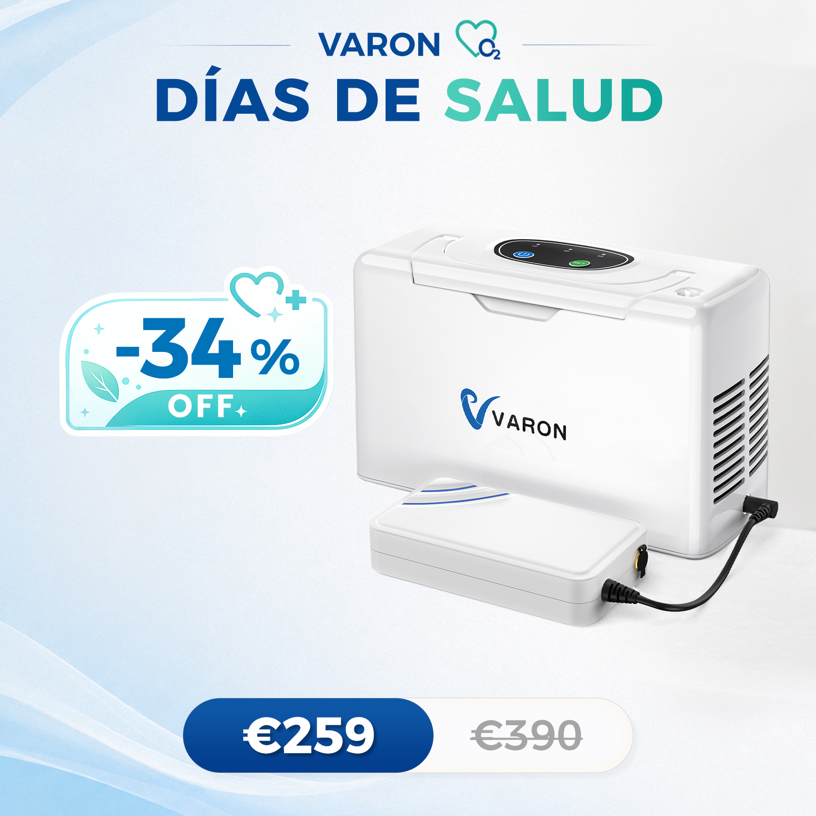 Concentrador de oxigeno portátil continuo VARON VL-2 Light de 3 l/min, con certificación CE