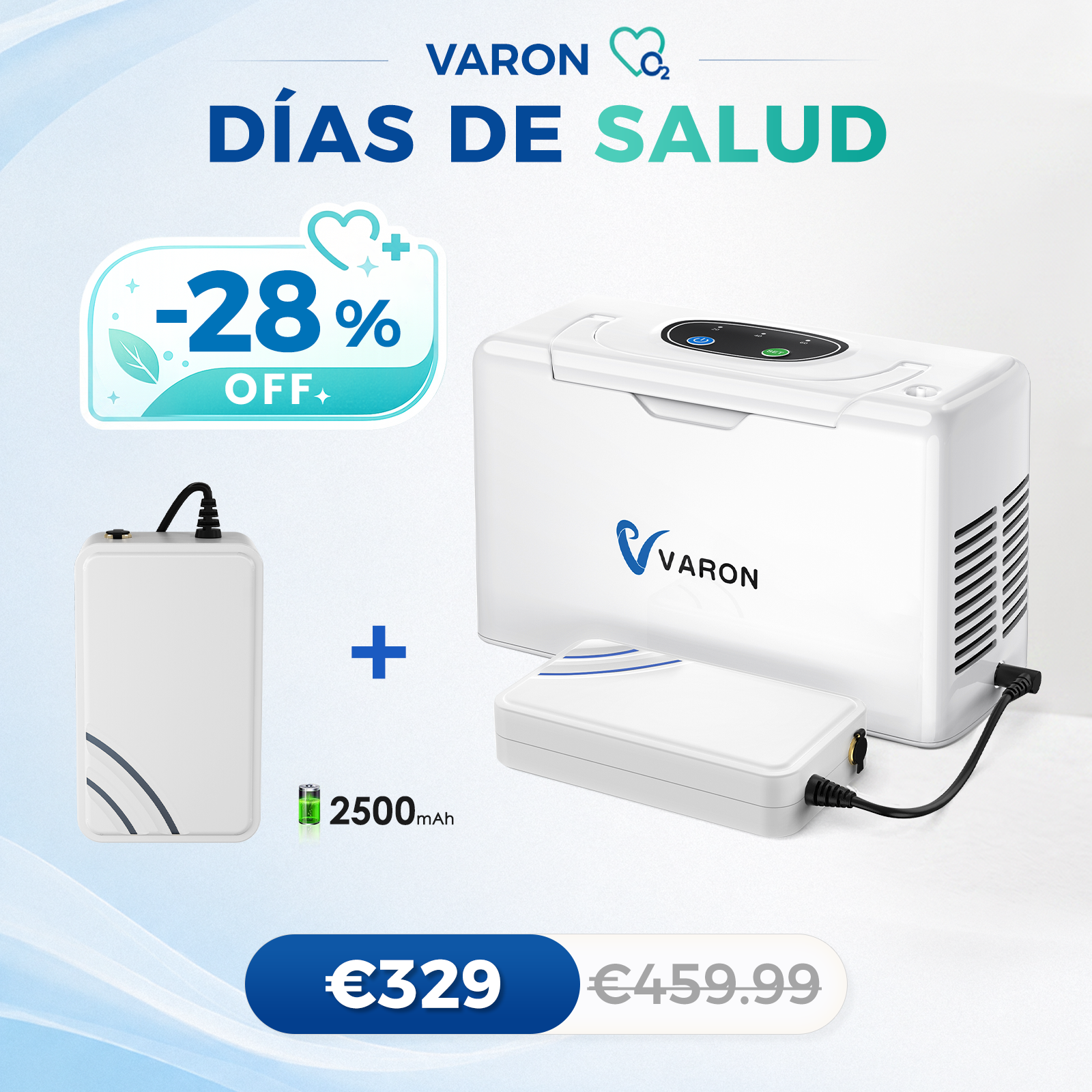 Concentrador de oxigeno portátil continuo VARON VL-2 Light de 3 l/min, con certificación CE