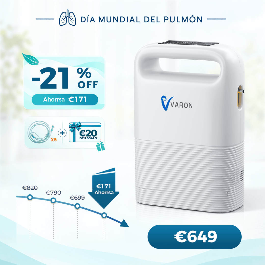 Concentrador de oxigeno portátil VARON VP-2 Pulse | 93 % de oxígeno, batería de larga duración, homologación CE