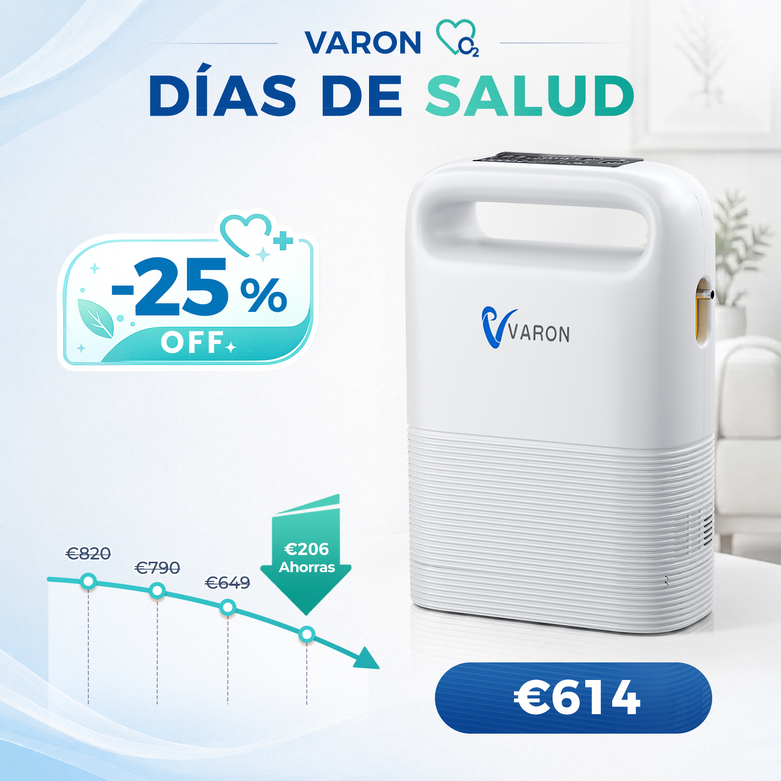 Concentrador de oxigeno portátil VARON VP-2 Pulse | 93 % de oxígeno, batería de larga duración, homologación CE