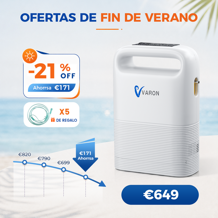 Concentrador de oxigeno portátil VARON VP-2 Pulse | 93 % de oxígeno, batería de larga duración, homologación CE