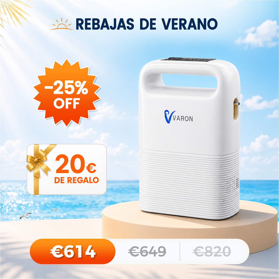 Concentrador de oxigeno portátil VARON VP-2 Pulse | 93 % de oxígeno, batería de larga duración, homologación CE