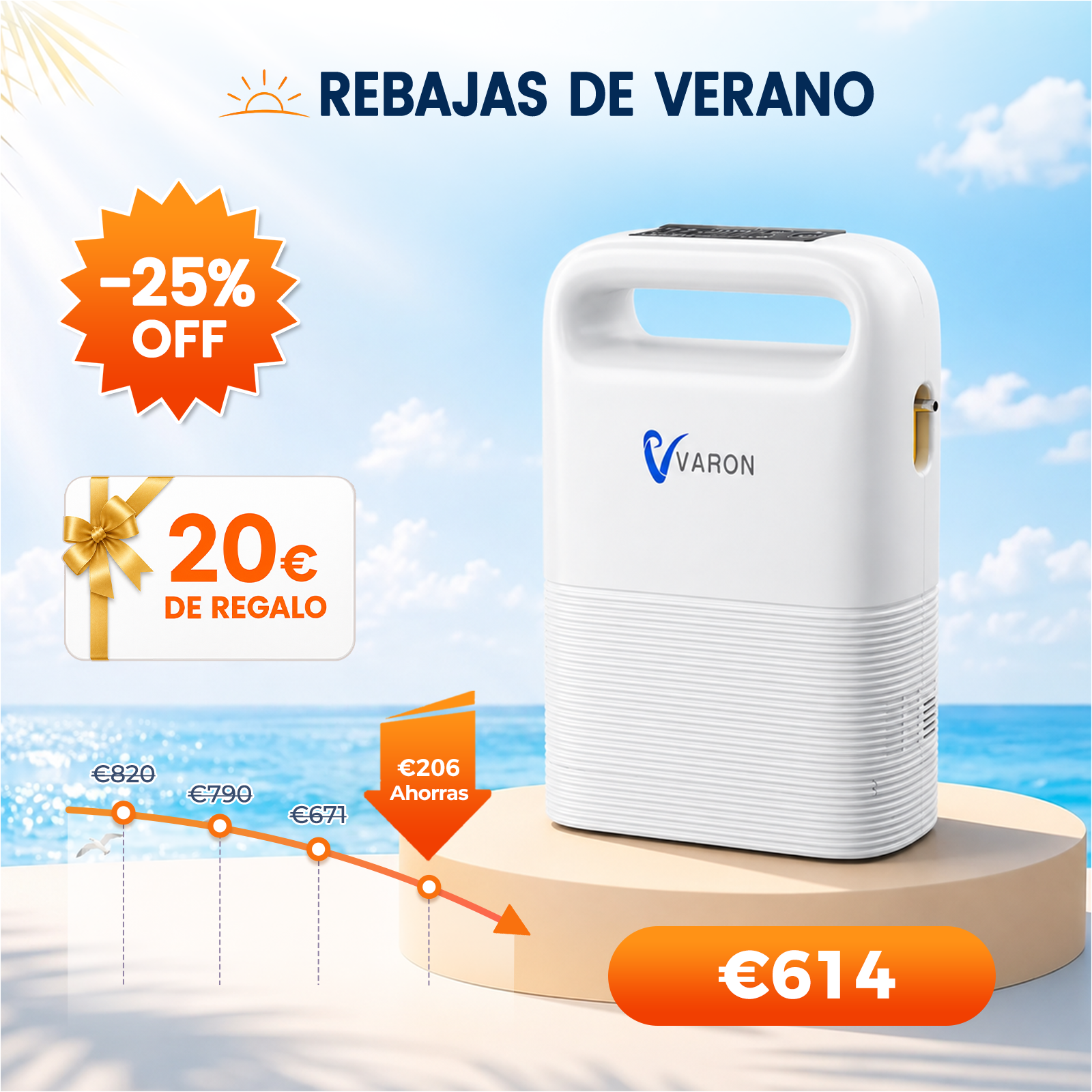 Concentrador de oxigeno portátil VARON VP-2 Pulse | 93 % de oxígeno, batería de larga duración, homologación CE