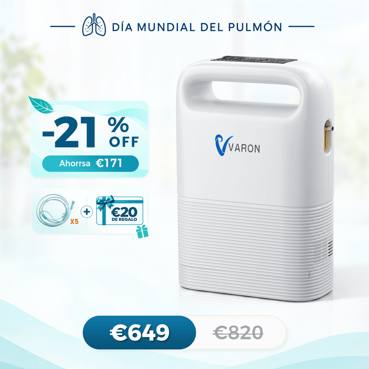 Concentrador de oxigeno portátil VARON VP-2 Pulse | 93 % de oxígeno, batería de larga duración, homologación CE
