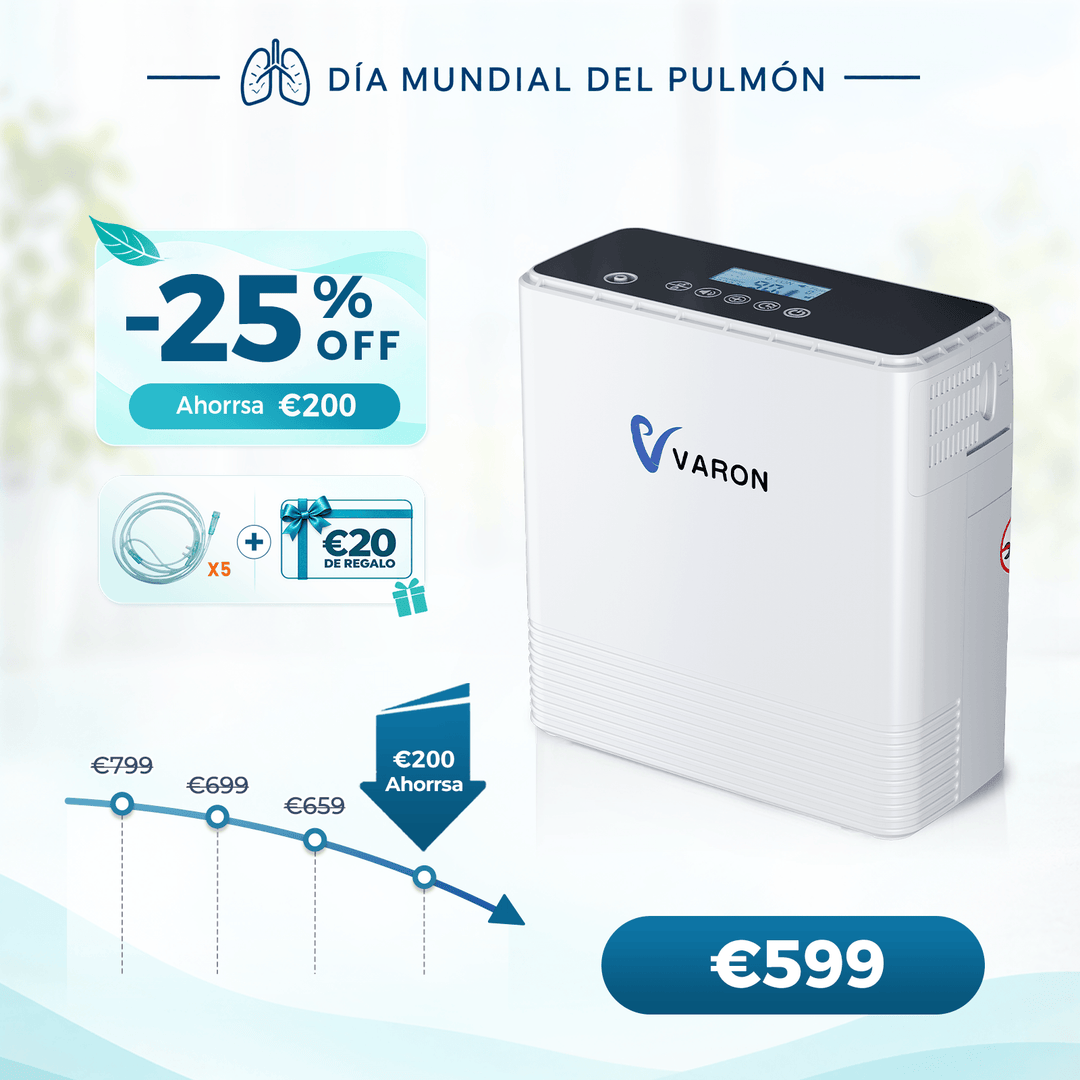 Concentrador de oxigeno portátil continuo VARON VP-6 | Caudal de  1-6 niveles (ajustable), homologado CE