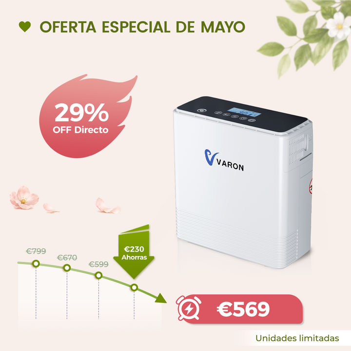 Concentrador de oxigeno portátil continuo VARON VP-6 | Caudal de  1-6 niveles (ajustable), homologado CE