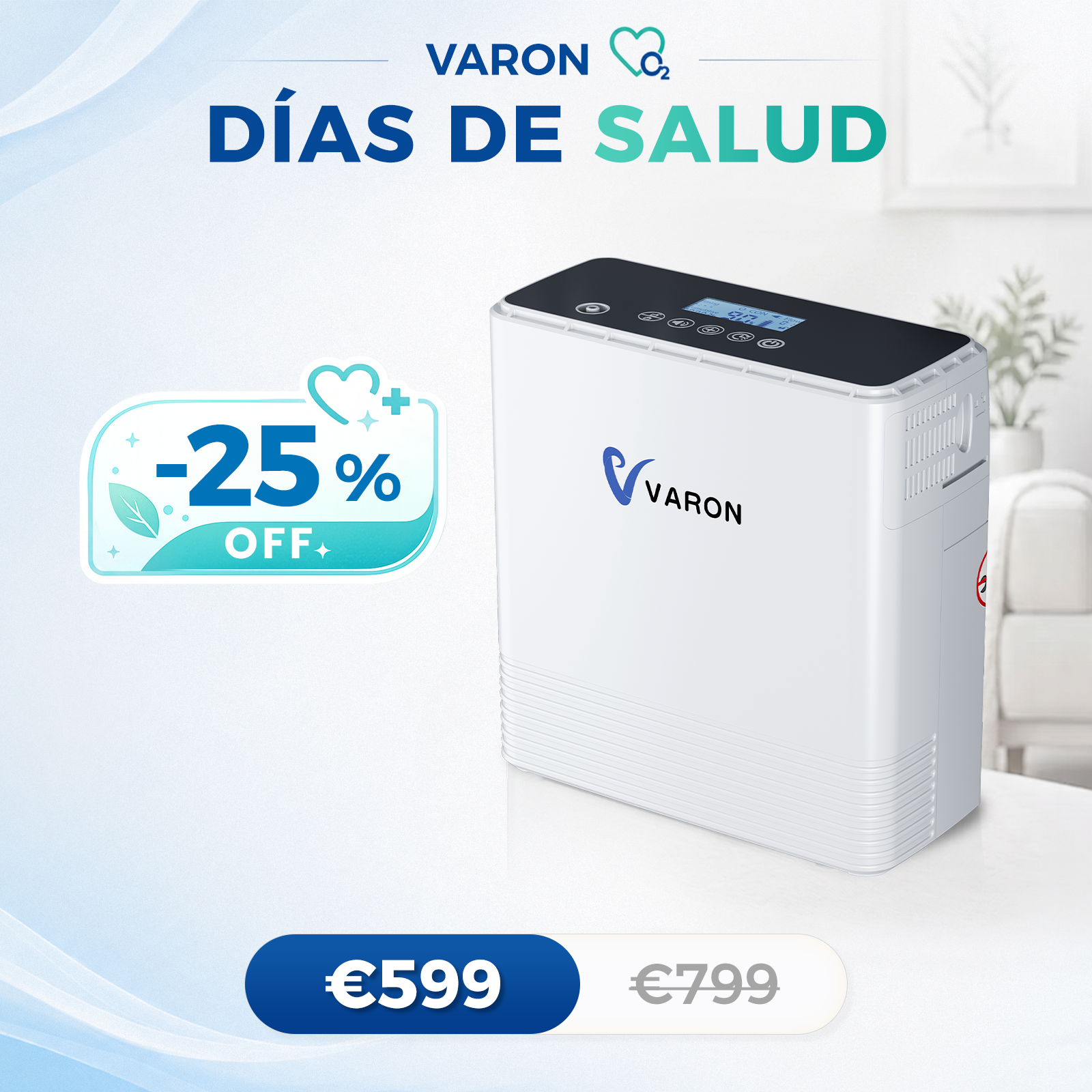 Concentrador de oxigeno portátil continuo VARON VP-6 | Caudal de  1-6 niveles (ajustable), homologado CE