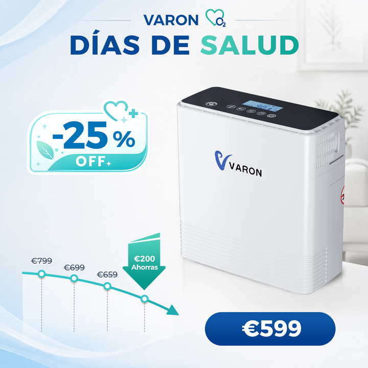 Concentrador de oxigeno portátil continuo VARON VP-6 | Caudal de  1-6 niveles (ajustable), homologado CE