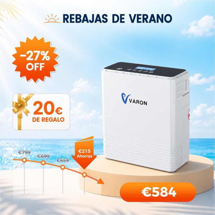 Concentrador de oxigeno portátil continuo VARON VP-6 | Caudal de  1-6 niveles (ajustable), homologado CE