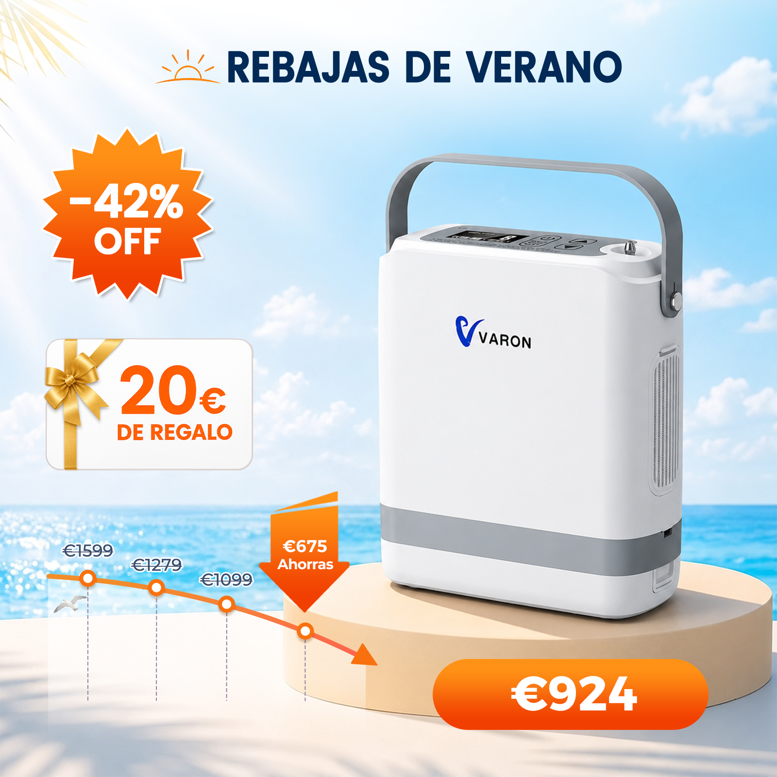 Nuevo VARON VP-8G | Concentrador de oxigeno portátil de flujo por pulsos (niveles 1–8)