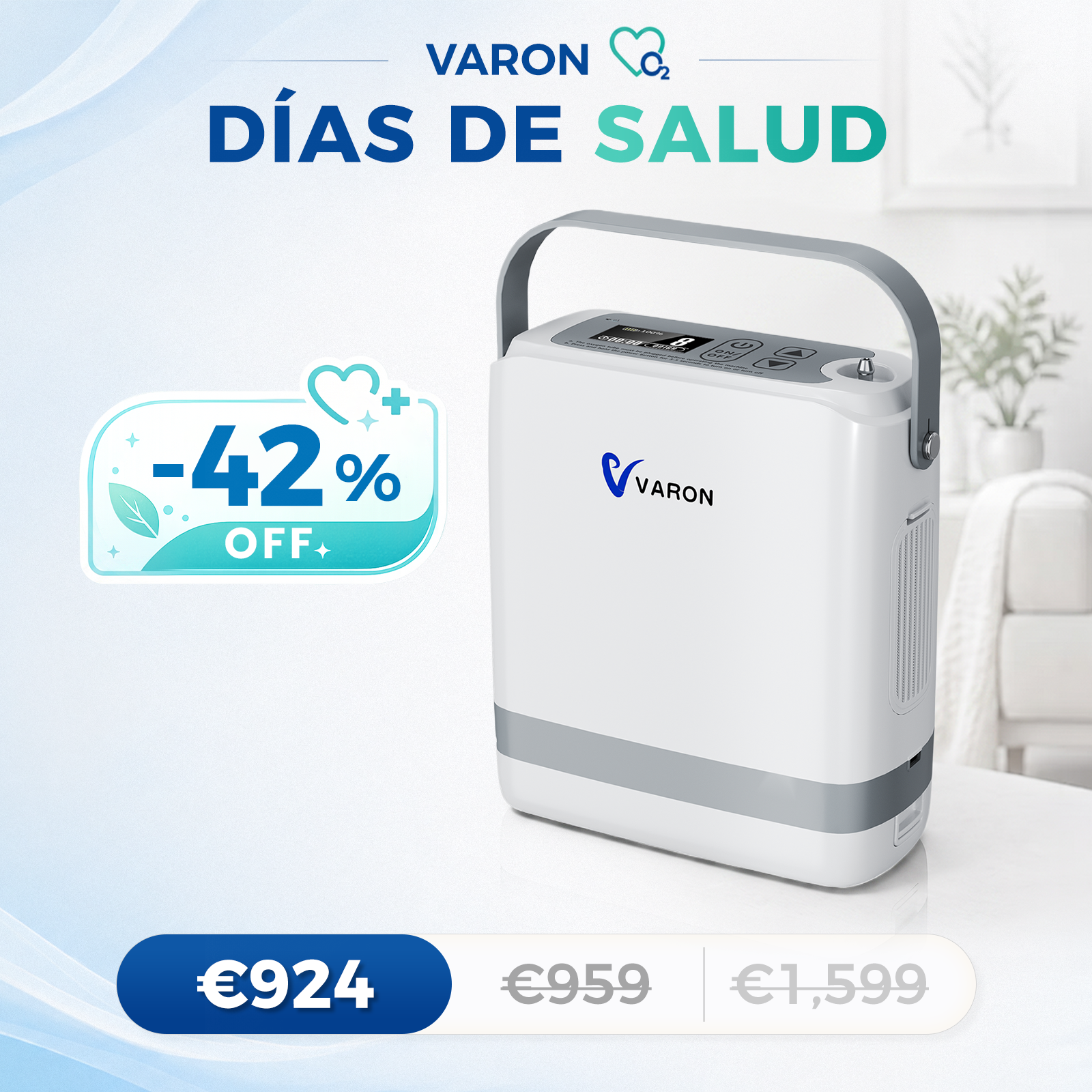 Nuevo VARON VP-8G | Concentrador de oxigeno portátil de flujo por pulsos (niveles 1–8)