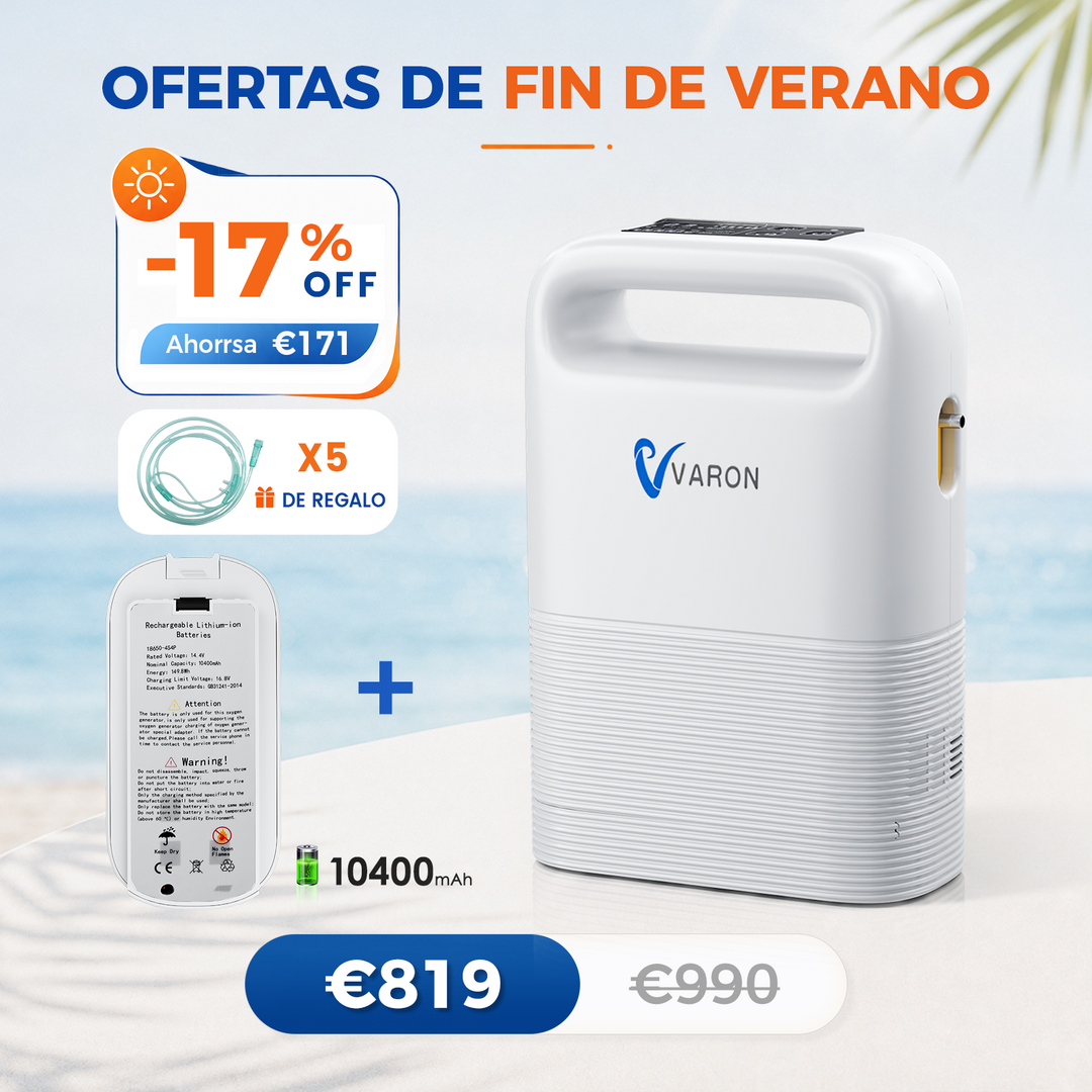Concentrador de oxigeno portátil VARON VP-2 Pulse | 93 % de oxígeno, batería de larga duración, homologación CE