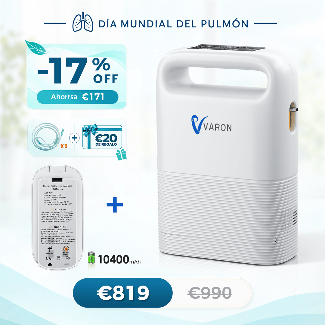 Concentrador de oxigeno portátil VARON VP-2 Pulse | 93 % de oxígeno, batería de larga duración, homologación CE