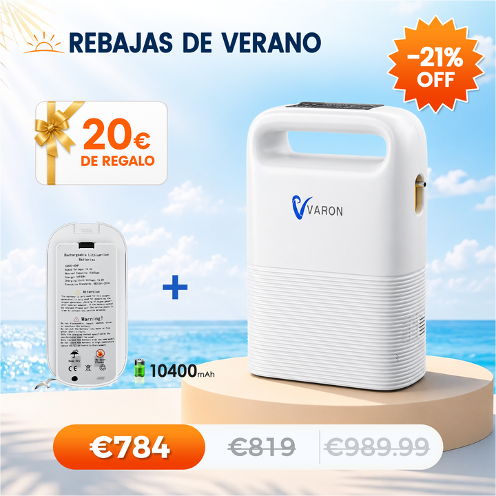 Concentrador de oxigeno portátil VARON VP-2 Pulse | 93 % de oxígeno, batería de larga duración, homologación CE