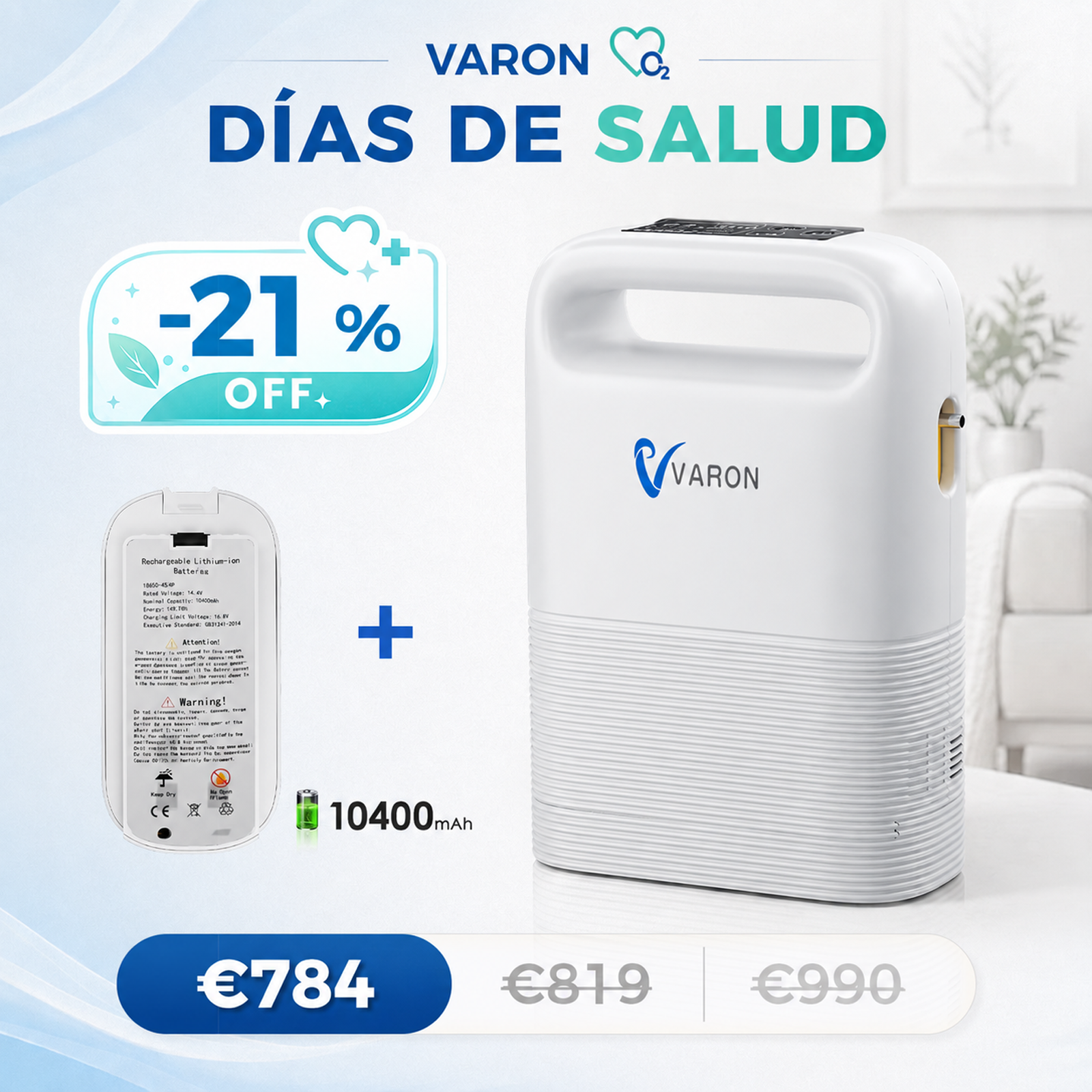 Concentrador de oxigeno portátil VARON VP-2 Pulse | 93 % de oxígeno, batería de larga duración, homologación CE