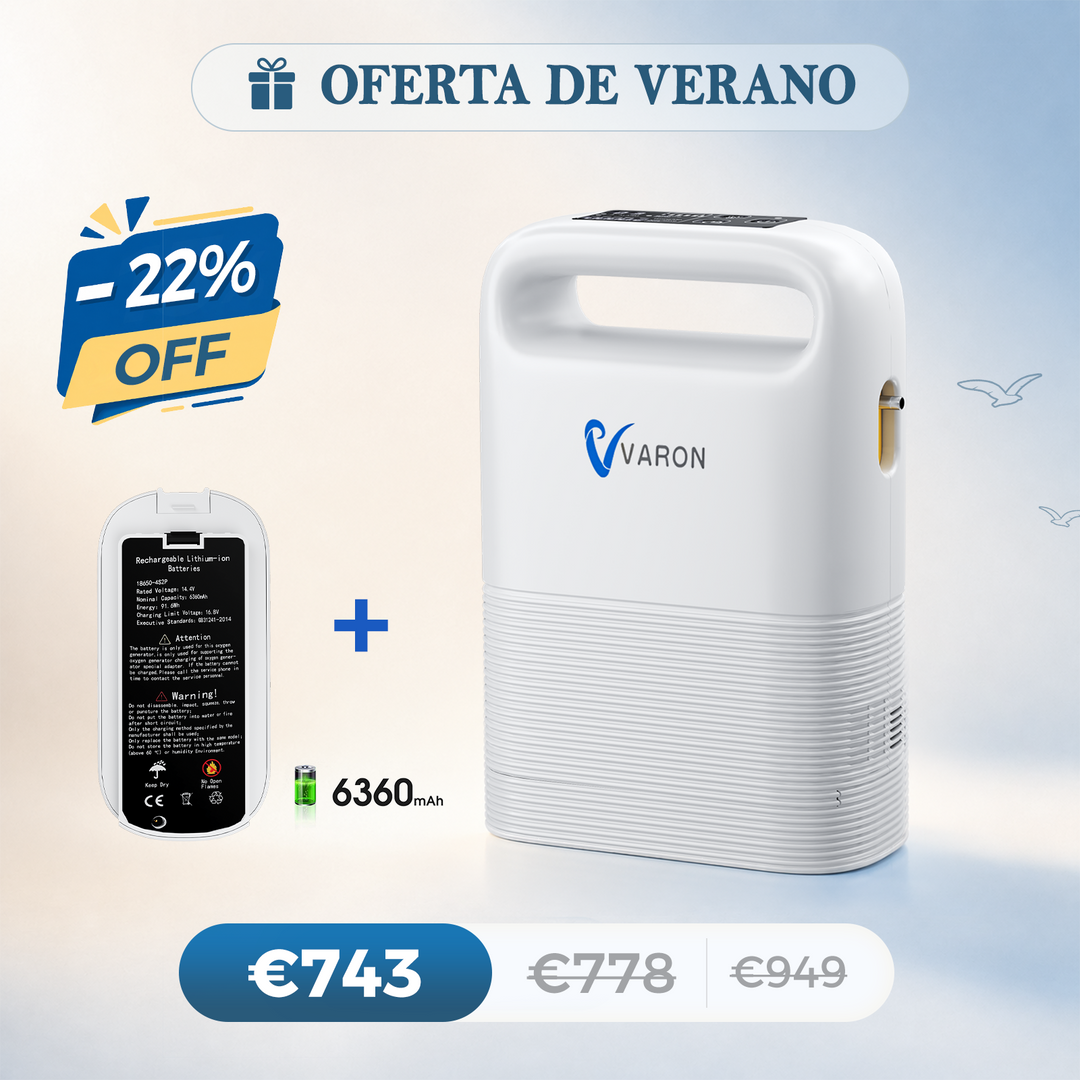 Concentrador de oxigeno portátil VARON VP-2 Pulse | 93 % de oxígeno, batería de larga duración, homologación CE