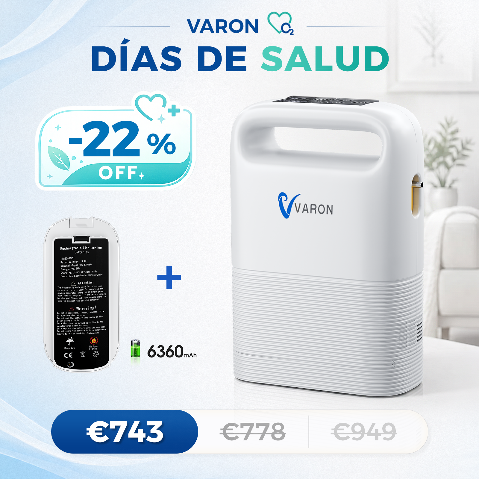 Concentrador de oxigeno portátil VARON VP-2 Pulse | 93 % de oxígeno, batería de larga duración, homologación CE