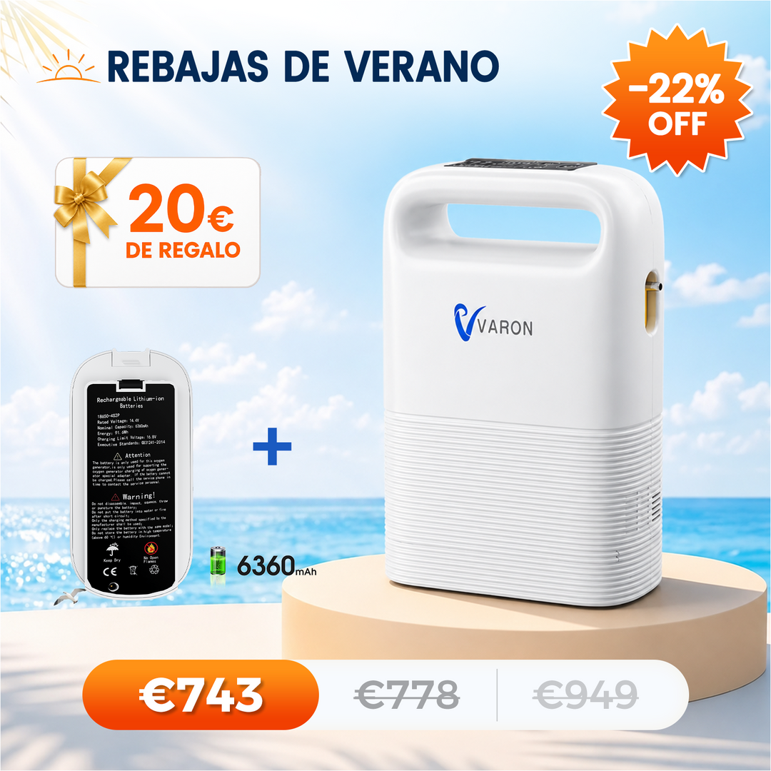 Concentrador de oxigeno portátil VARON VP-2 Pulse | 93 % de oxígeno, batería de larga duración, homologación CE