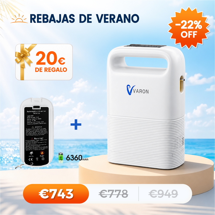 Concentrador de oxigeno portátil VARON VP-2 Pulse | 93 % de oxígeno, batería de larga duración, homologación CE