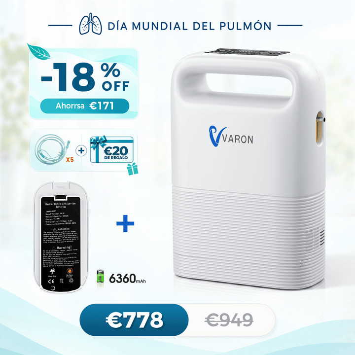 Concentrador de oxigeno portátil VARON VP-2 Pulse | 93 % de oxígeno, batería de larga duración, homologación CE