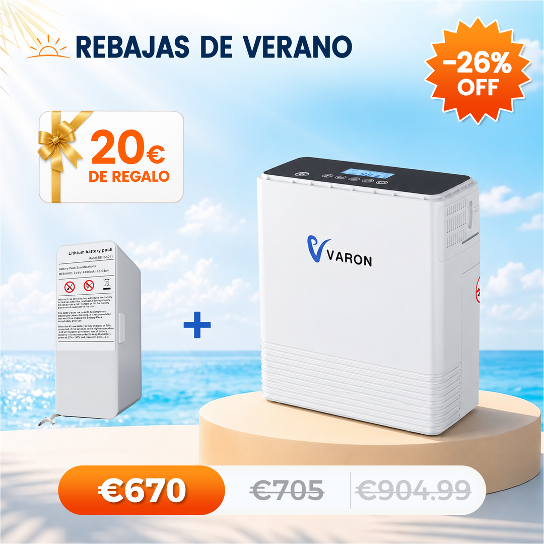 Concentrador de oxigeno portátil continuo VARON VP-6 | Caudal de  1-6 niveles (ajustable), homologado CE