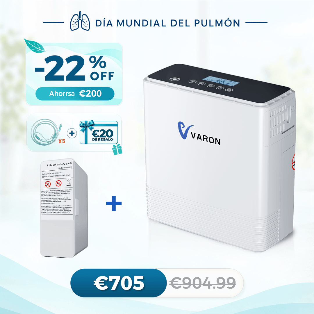 Concentrador de oxigeno portátil continuo VARON VP-6 | Caudal de  1-6 niveles (ajustable), homologado CE