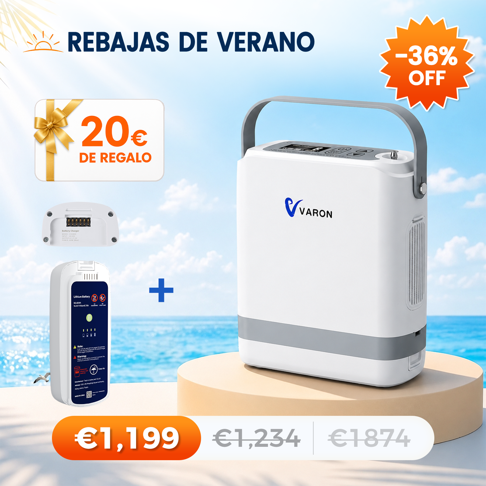 Nuevo VARON VP-8G | Concentrador de oxigeno portátil de flujo por pulsos (niveles 1–8)