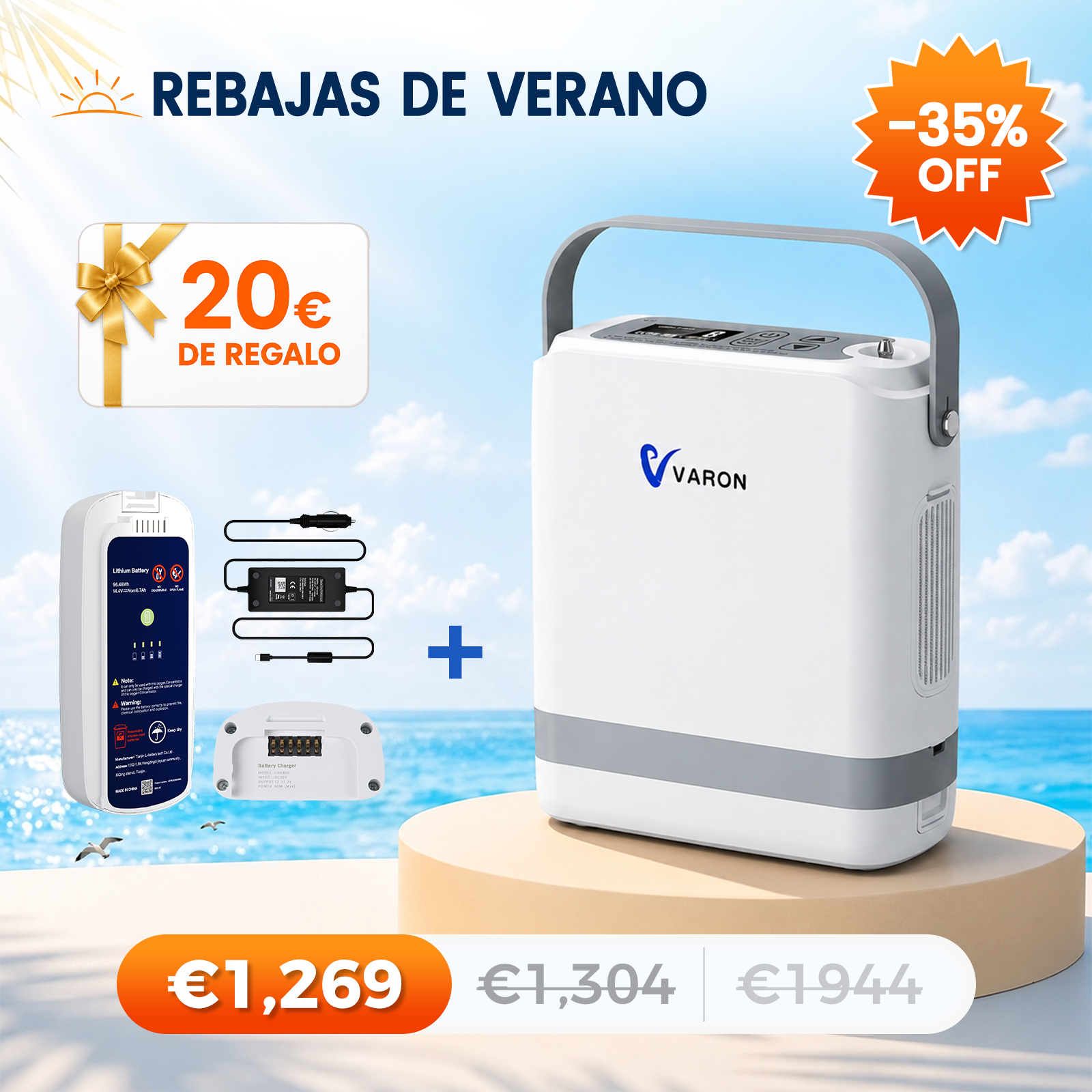 Nuevo VARON VP-8G | Concentrador de oxigeno portátil de flujo por pulsos (niveles 1–8)