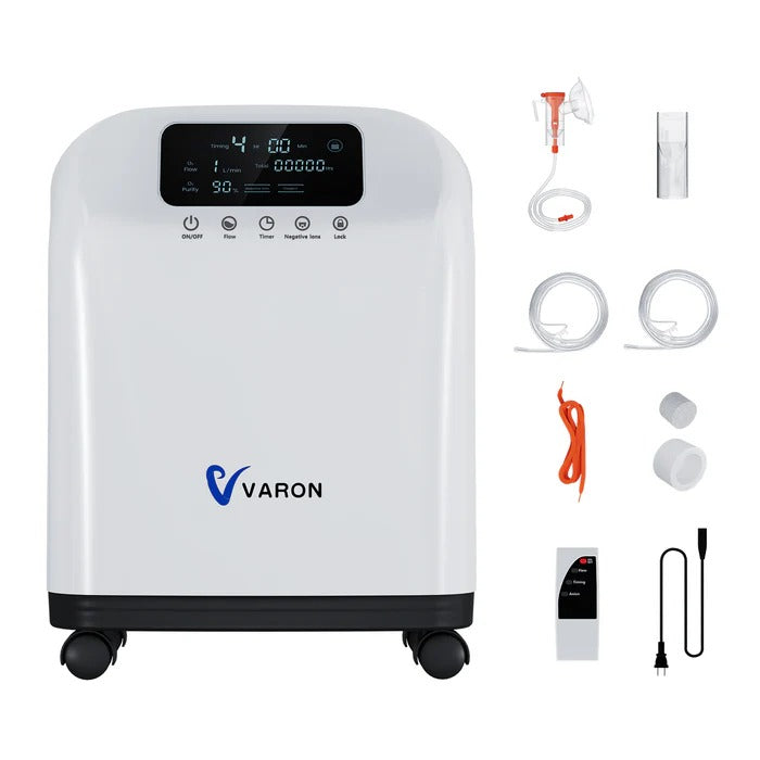 Concentrador de oxígeno doméstico VARON VH-4 con accesorios completos para terapia de oxígeno en casa