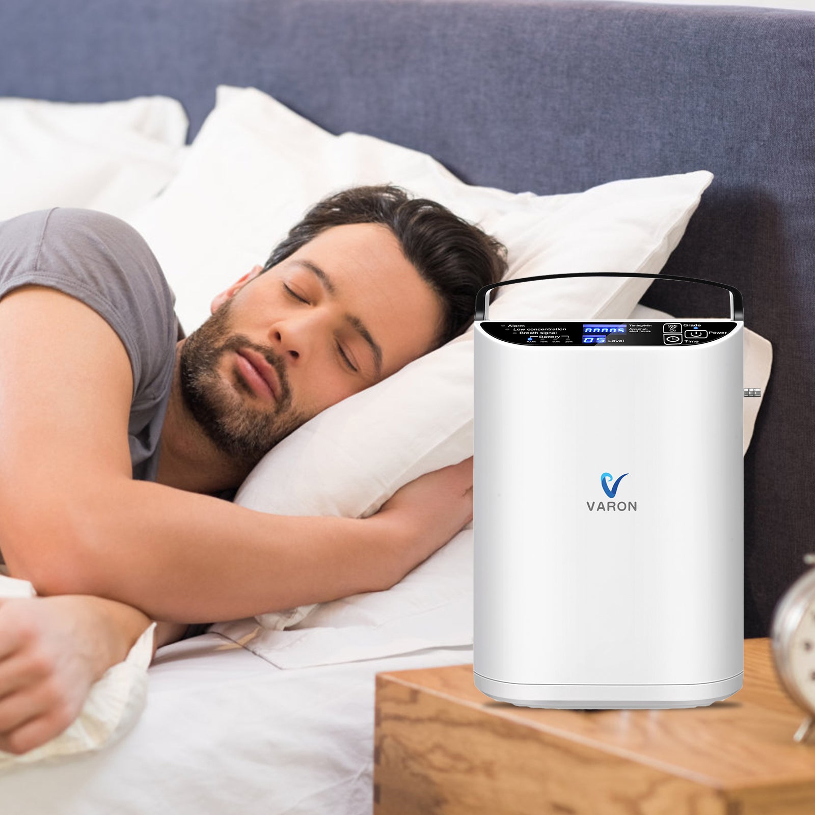 Dormir con el concentrador de oxígeno VARON VP-1 para un apoyo respiratorio nocturno silencioso y continuo